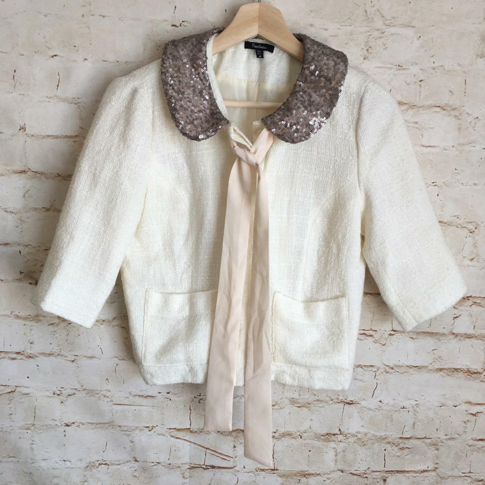 Monteau Women's Size Small Ivory Sequin 3/4 Sleeve Cardigan Jacket
